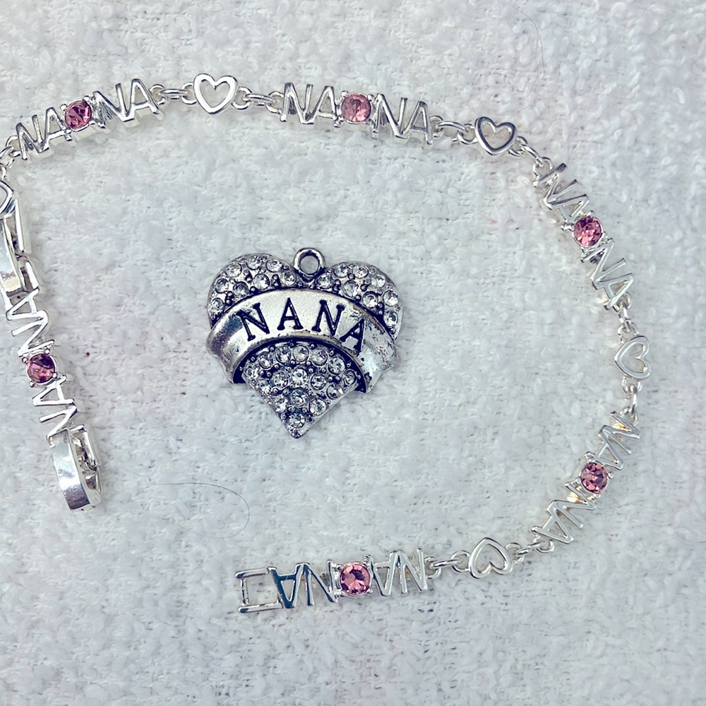 new new new NANA Silver and Pink stone 8 inch Bracelet with Heart NANA charm